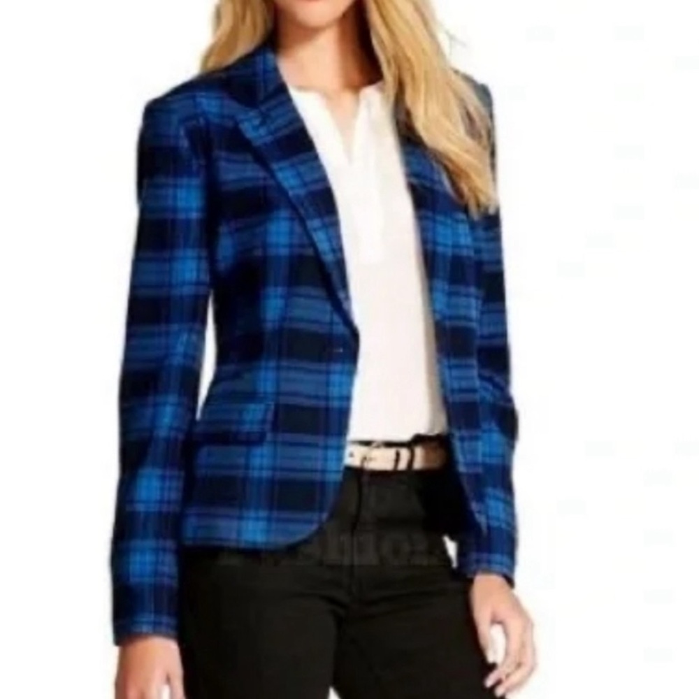 Merona Blue Black Plaid One Button Blazer 2 XS Academia Fall Clueless Wool Blend
